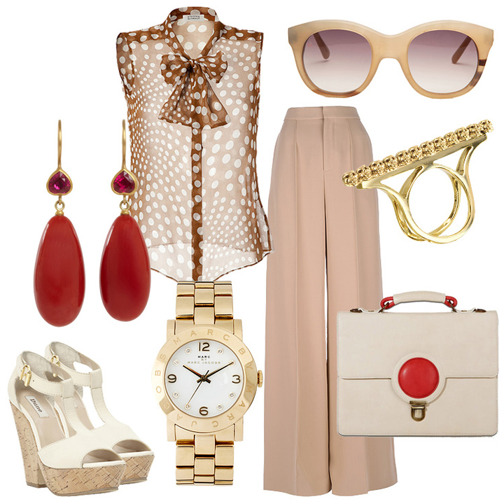 Брюки-клеш из хлопка; шифоновая блузка; босоножки из кожи и дерезва; золотое кольцо; золотые серьги с рубинами и кораллами; кожаная сумка; наручные часы; солнцезащитные очки