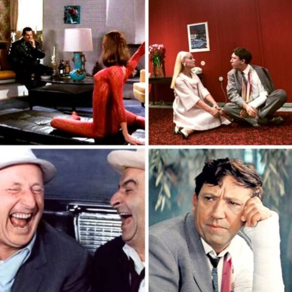 Кадры из фильмов «Бей первым, Фредди!» (1965) и «Бриллиантовая рука» (1968)