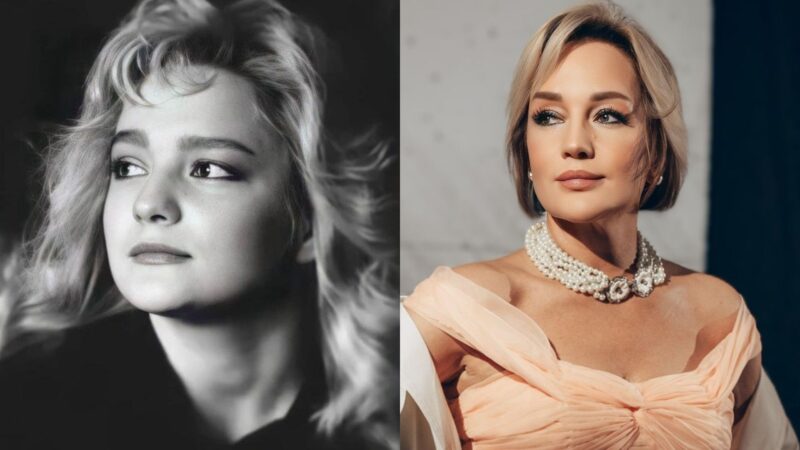 Молодая Татьяна Буланова, черно-белое фото в профиль, справа она же сейчас