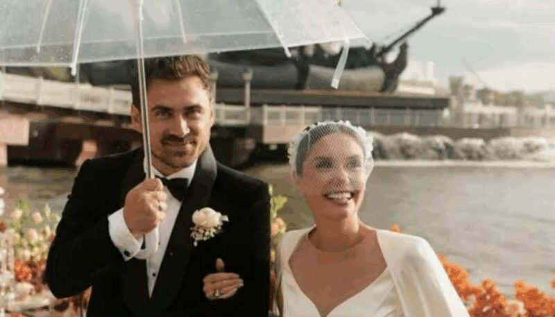 Счастливая Агата Муцениеце и Пётр Дранга в день их свадьбы.