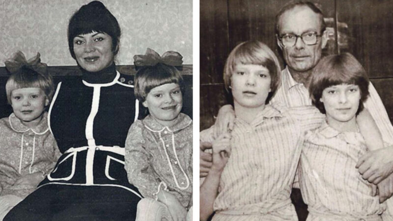 Ольга Копосова с родителями и сестрой-близнецом Анной в детстве.