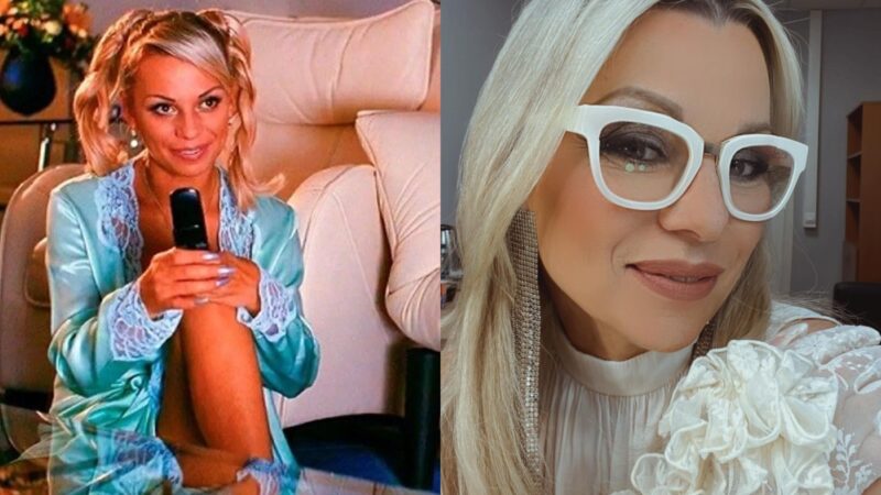 Ирина Салтыкова в голубом костюме с хвостиками в молодости и сейчас в белых очках