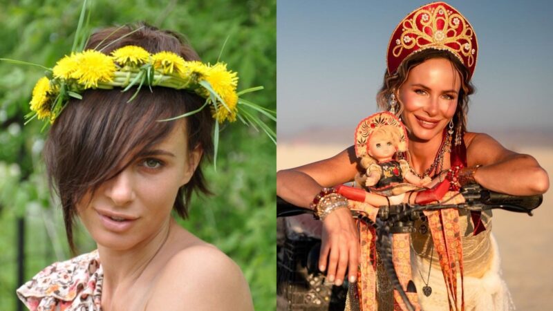 Саша Зверева слева в венке из одуванчиков, справа в кокошнике