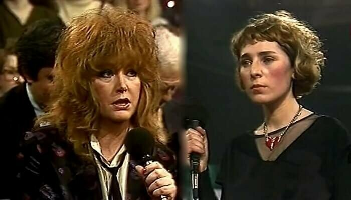 Жанна Агузарова и Алла Пугачева на легендарном «Музыкальном ринге» в 1986 году.