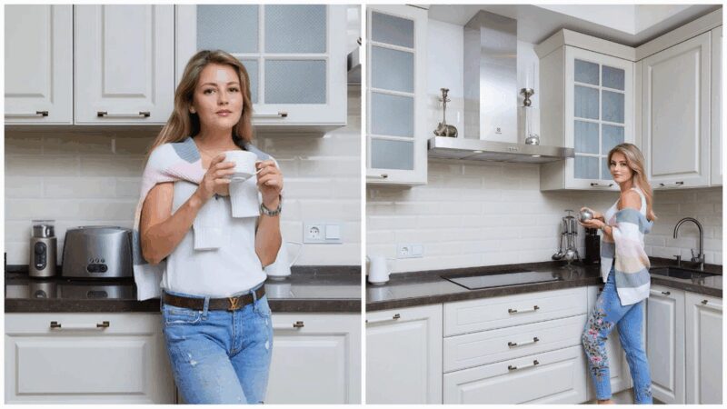 Г-образный кухонный гарнитур, выполненный в спокойных оттенках.