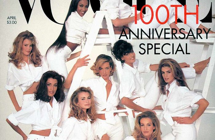 Обложка журнала Vogue за апрель 1992 года с участием Кристи Терлингтон, Линды Евангелисты, Синди Кроуфорд, Карен Малдер, Элейн Ирвин, Ники Тейлор, Ясмин Гаури, Клаудии Шиффер.