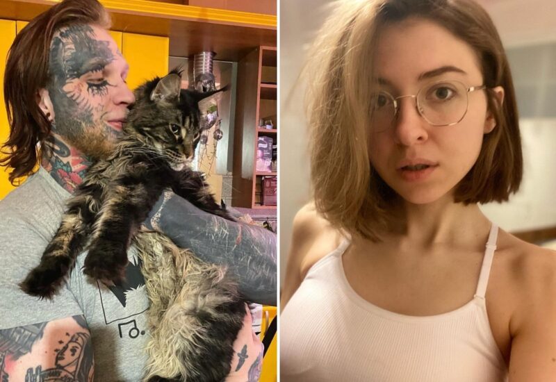 Денис Шальных со Светланой и их четверо котов из приюта.