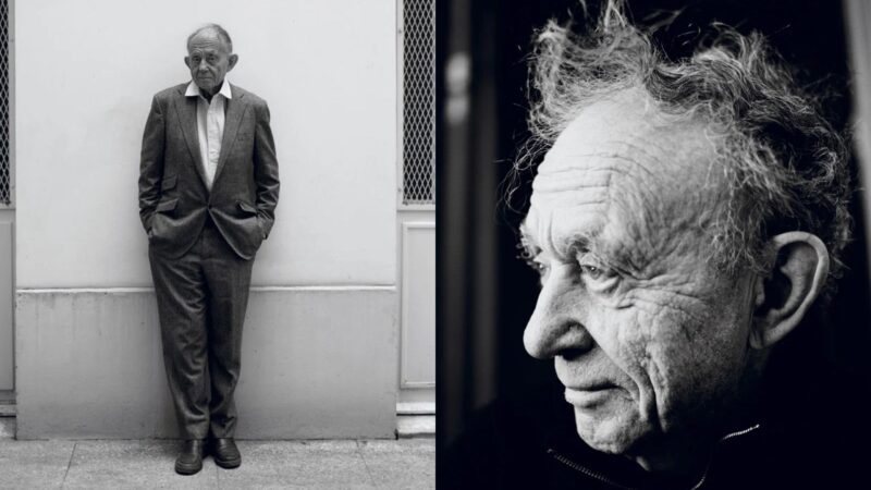 Режиссер Фредерик Вайсман в сером костюме на черном фоне в старости