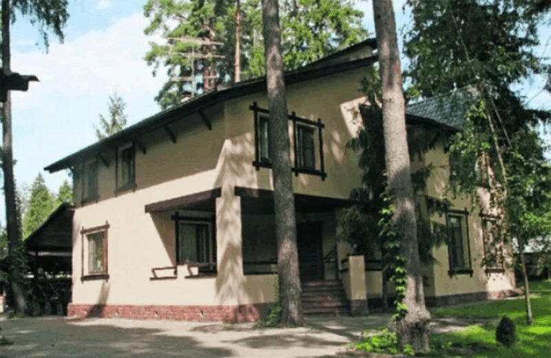 Боковой фасад дома, утопающий в зелени.