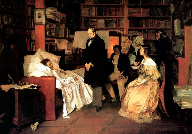 Момент роковой дуэли: Пушкин смертельно ранен, но успевает ответить Дантесу.