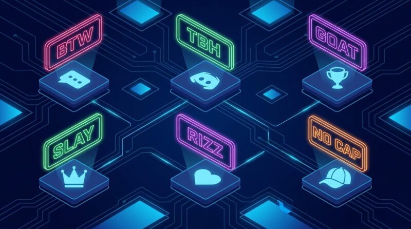 Сетка сленговых слов и аббревиатур по платформам в виде неоновых чипов