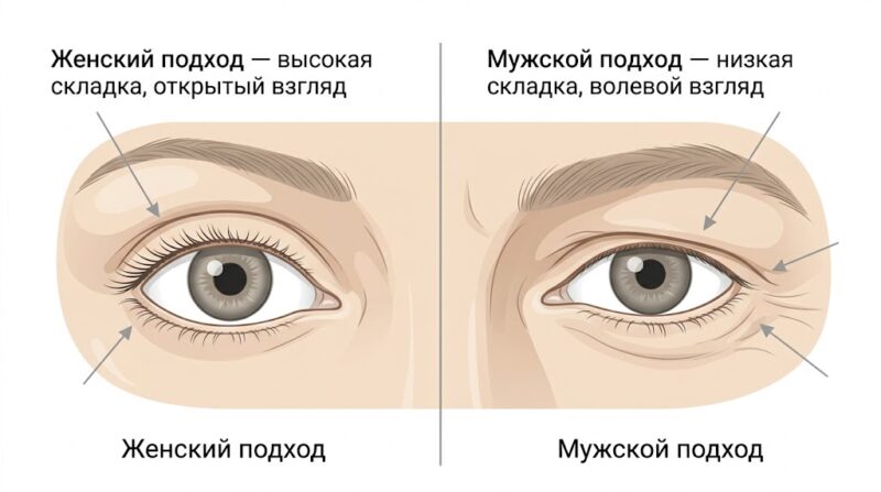 Сравнение женского и мужского подхода к блефаропластике — разница в высоте складки века и характере взгляда