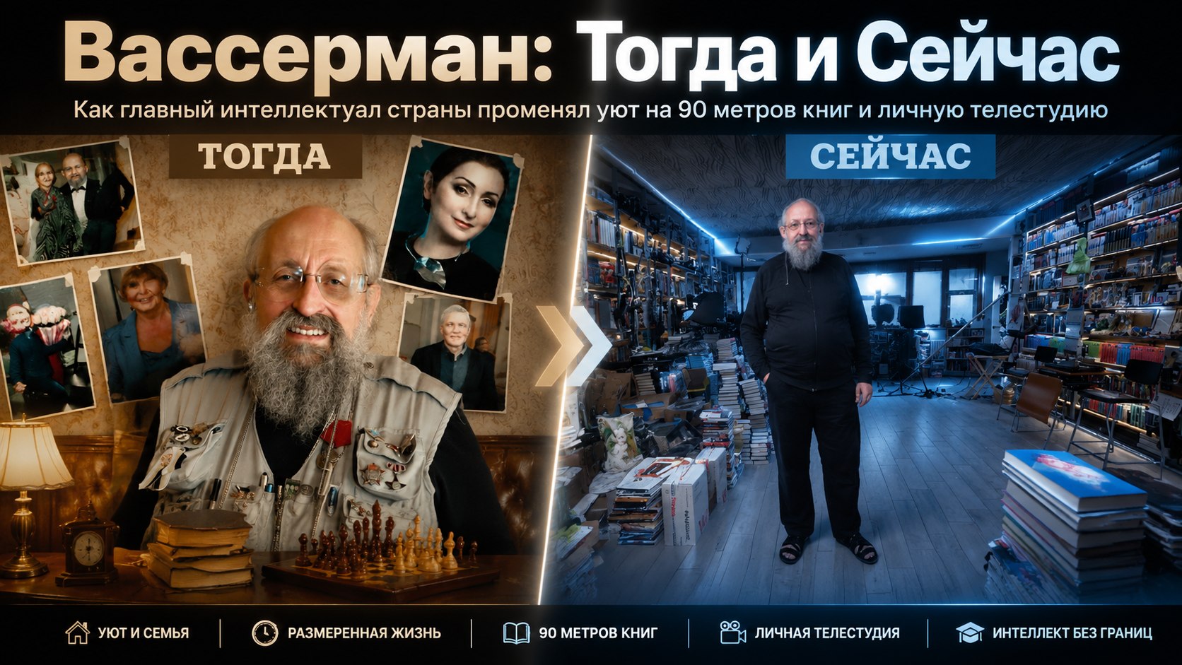 Телестудия вместо гостиной и 90 метров книг: как устроена холостяцкая квартира Анатолия Вассермана за 30 миллионов