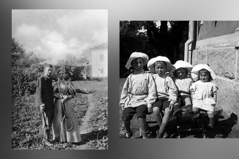 Лев Львович вместе с супругой Дорой в Ясной Поляне в 1896 году и их дети Павел, Никита, Пётр и Нина на снимке 1908 года.