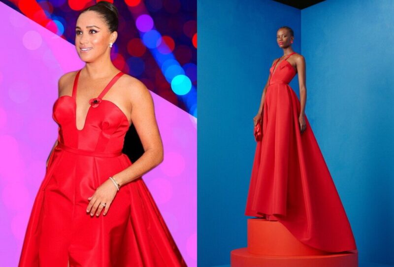 Подиумная версия алого вечернего наряда от модного дома Carolina Herrera